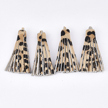 Eco-Friendly Cowhide Leather Tassel Big Pendants, Leopard Print Pattern, Navajo White, 59x9mm, Hole: 1.5mm