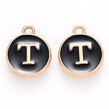 Golden Plated Alloy Charms, Cadmium Free & Lead Free, with Enamel, Enamelled Sequins, Flat Round with Letter, Black, Letter.T, 14x12x2mm, Hole: 1.5mm