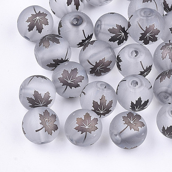 Autumn Theme Electroplate Transparent Glass Beads, Frosted, Round with Maple Leaf Pattern, Coconut Brown, 8~8.5mm, Hole: 1.5mm
