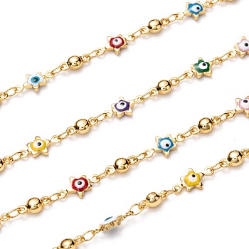 Handmade Brass Enamel Link Chains, with Spool, Long-lasting Plated, Soldered, Evil Eye, Star & Round, Golden, Colorful, Round: 8x4.5x3mm, Star: 11x5.5x2.5mm, about 32.8 Feet(10m)/roll