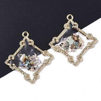 Epoxy Resin Pendants, with Shell and Light Gold Plated Alloy Open Back Bezel, Rhombus, Clear, 33.5x30.5x2mm, Hole: 1.6mm, Side Length: 23mm