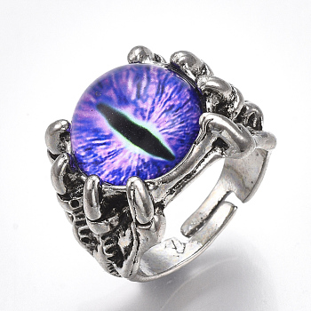 Adjustable Alloy Glass Finger Rings, Wide Band Rings, Dragon Eye, Blue Violet, Size 10, 20mm