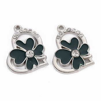 Alloy Pendants, with Enamel and Rhinestone, Platinum, Heart with Flower, Dark Green, 20x24x3mm, Hole: 1.4mm