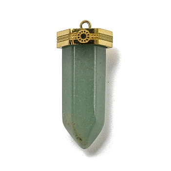 Natural Green Aventurine Pointed Pendants, Faceted Bullet Charms with Golden Plated 304 Stainless Steel Findings, 26~26.5x11.5x10mm, Hole: 1.4mm