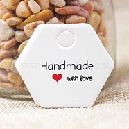 Jewelry Display Kraft Paper Price Tags, Hexagon with Word Handmade with Love, White, 30x35x0.4mm, Hole: 4mm(CDIS-P001-A02)
