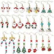 SUNNYCLUE 12 Pairs 12 Style Christmas Theme Alloy Dangle Earrings, Moon & Stag & Tree & Wreath with Bowknot & Candy Cane & Santa Claus & Snowflake Glove & Christmas Bell, Mixed Color, 35~69mm, Pin: 0.5~0.8mm, 1pair/style(EJEW-SC0001-33)