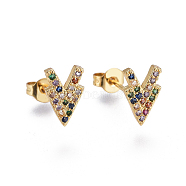 Brass Micro Pave Cubic Zirconia Stud Earrings, with Brass Ear Nuts, V Shaped, Colorful, Golden, 10x6mm, Pin: 0.7mm(EJEW-F201-22G)