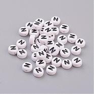 Flat Round with Letter N Acrylic Beads, with Horizontal Hole, White & Black, Size: about 7mm in diameter, 4mm thick, hole: 1mm(X-PL37C9070-N)
