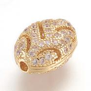 Brass Micro Pave Cubic Zirconia Beads, Real 18K Gold Plated, Oval, Golden, 11.5x8.5x5.5mm, Hole: 1mm(ZIRC-F062-21G)
