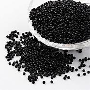 12/0 Grade A Round Glass Seed Beads, Baking Paint, Black, 2x1.5mm, Hole: 0.7mm, about 3300pcs/50g(X-SEED-Q009-FJX28)
