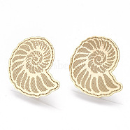 Brass Stud Earring Findings, with Loop, Snail, Nickel Free, Real 18K Gold Plated, 15x13mm, Hole: 1.8mm, Pin: 0.7mm(KK-S350-052A-G)