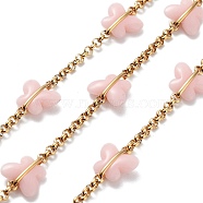 304 Stainless Steel Link Chains, with Resin & Enamel & Spool, Unwelded, Real 18K Gold Plated, Butterfly, Pink, 10x10x4mm, about 32.81 Feet(10m)/Roll(CHS-C011-01G-02)