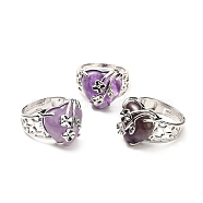 Natural Amethyst Adjustable Rings, Platinum Tone Heart with Flower Brass Rings for Women, Cadmium Free & Lead Free, US Size 6 3/4(17.1mm), 4.5~9mm(RJEW-P043-03P-17)