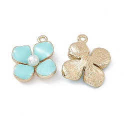 Alloy Enamel Charms, with Plastic Imitation Pearl, Golden, Flower Charm, Pale Turquoise, 19x17.5x4.5mm, Hole: 1.4mm(ENAM-A141-01G-03)