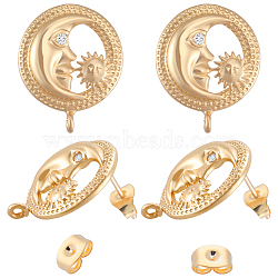 3 Pairs Brass Micro Pave Cubic Zirconia Moon with Flower Stud Earring Findings, with Vertical Loops & 6Pcs 304 Stainless Steel Friction Ear Nuts, Golden, 23x18.5x4mm, Hole: 1.6mm, Pin: 0.7~1mm(KK-BBC0007-96)