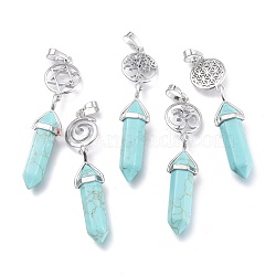 Synthetic Turquoise Pointed Big Pendants, Double Terminated Pointed, with Platinum Plated Brass Findings, Faceted, Bullet, 59~67x14~15mm, Hole: 7x5mm, Gemstone: 41~44x8mm(G-D0021-01P-24)