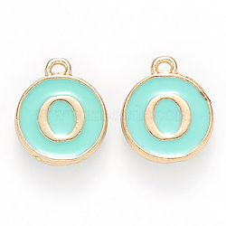 Golden Plated Alloy Enamel Charms, Cadmium Free & Lead Free, Enamelled Sequins, Flat Round with Letter, Turquoise, Letter.O, 14x12x2mm, Hole: 1.5mm(ENAM-S118-05O)