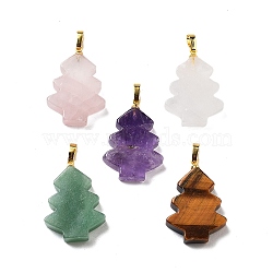 Natural Mixed Stone Pendants, Christmas Tree Charms with Rack Plating Brass Snap on Bails, Golden, 27x20x5mm, Hole: 8x5mm(G-A203-01-G)