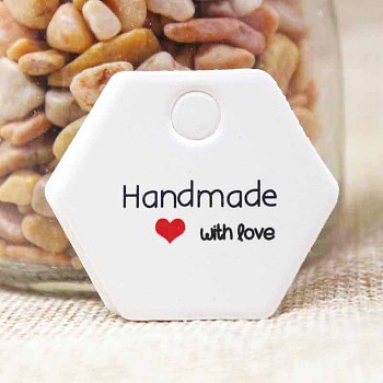 Jewelry Display Kraft Paper Price Tags, Hexagon with Word Handmade with Love, White, 30x35x0.4mm, Hole: 4mm