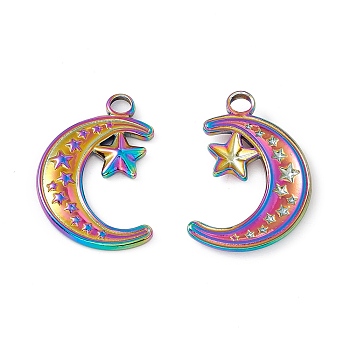 Ion Plating(IP) 304 Stainless Steel Pendants, Moon with Star, Rainbow Color, 24x16x2mm, Hole: 3mm