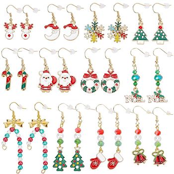 12 Pairs 12 Style Christmas Theme Alloy Dangle Earrings, Moon & Stag & Tree & Wreath with Bowknot & Candy Cane & Santa Claus & Snowflake Glove & Christmas Bell, Mixed Color, 35~69mm, Pin: 0.5~0.8mm, 1pair/style