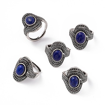 Oval Natural Lapis Lazuli Adjustable Rings, Antique Silver Tone Brass Wide Band Rings for Men, 2.5~22mm, Inner Diameter: 17mm