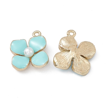 Alloy Enamel Charms, with Plastic Imitation Pearl, Golden, Flower Charm, Pale Turquoise, 19x17.5x4.5mm, Hole: 1.4mm