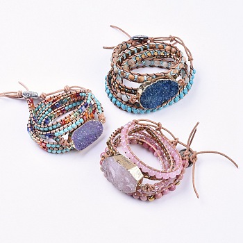 Five Loops Leather Warp Bracelets, with Natural & Synthetic Mixed Stone, Glass Beads and Alloy Findings, 31.1 inch~35.8 inch(79~91cm), 7~10mm