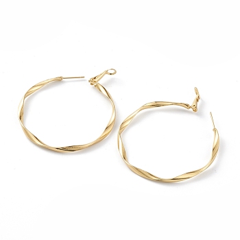 Brass Hoop Earrings, with Steel Pin, Long-Lasting Plated, Twist Ring, Real 18K Gold Plated, 51x50x2.2mm, Pin: 0.8mm