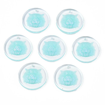 Transparent Resin Pendants, with Glitter Powder, Flat Round with Tiger Head, Pale Turquoise, 24.5x3.5mm, Hole: 1.4mm