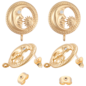 3 Pairs Brass Micro Pave Cubic Zirconia Moon with Flower Stud Earring Findings, with Vertical Loops & 6Pcs 304 Stainless Steel Friction Ear Nuts, Golden, 23x18.5x4mm, Hole: 1.6mm, Pin: 0.7~1mm