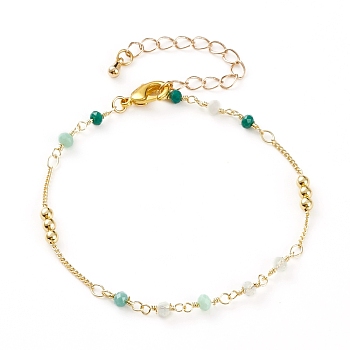 Faceted Glass Beaded Bracelets, with Brass Beads and Lobster Claw Clasps, Round, Real 18K Gold Plated, Colorful, 7-1/4 inch(18.3cm)