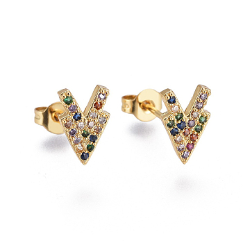 Brass Micro Pave Cubic Zirconia Stud Earrings, with Brass Ear Nuts, V Shaped, Colorful, Golden, 10x6mm, Pin: 0.7mm