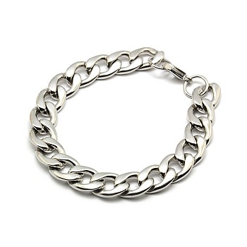 304 Stainless Steel Curb Chain/Twisted Chain Bracelets, with Lobster Claw Clasps, Stainless Steel Color, 8-5/8 inch(220mm), 12mm