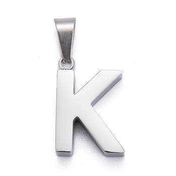 304 Stainless Steel Letter Pendants, Manual Polishing, Alphabet, Stainless Steel Color, Letter.K, 18.5x12.5x4mm, Hole: 6.5x3.5mm