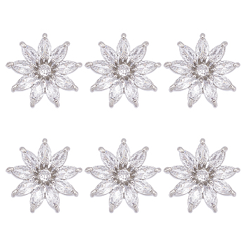 6Pcs 1-Hole Brass with Cubic Zirconia Shank Buttons, Flower, Platinum, 17x17x8mm, Hole: 2mm