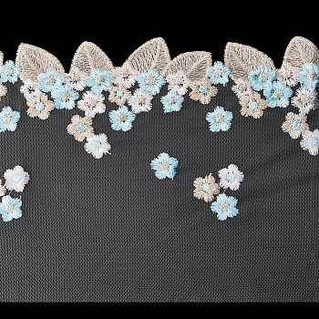 Polyester Lace Ribbon, Embroidery Mesh Ribbon with Leaf Pattern, Light Sky Blue, 7-7/8~8-1/4 inch(200~210mm)