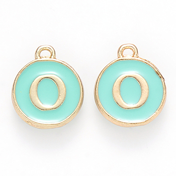 Golden Plated Alloy Enamel Charms, Cadmium Free & Lead Free, Enamelled Sequins, Flat Round with Letter, Turquoise, Letter.O, 14x12x2mm, Hole: 1.5mm