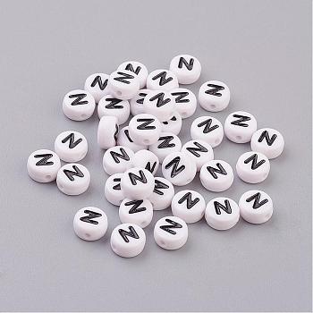 Flat Round with Letter N Acrylic Beads, with Horizontal Hole, White & Black, Size: about 7mm in diameter, 4mm thick, hole: 1mm