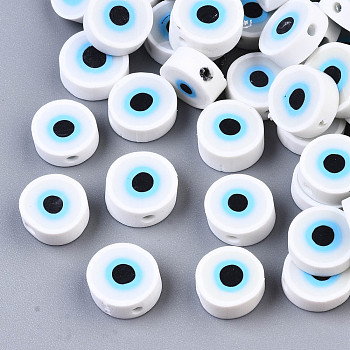 Handmade Polymer Clay Beads, Flat Round with Evil Eye, White, 9~10x3.5~4.5mm, Hole: 1.5mm