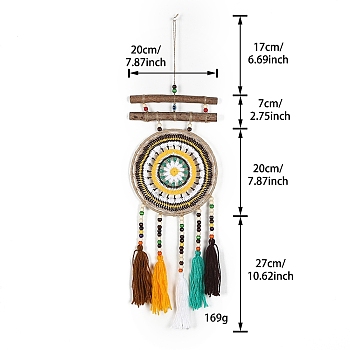 Evil Eye Wall Decor, Woven Net/Web with Feather Pendant Decorations, for Home Craft Wall Hanging, Bisque, 710x200mm