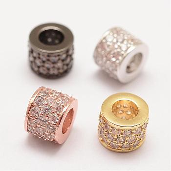 Brass Micro Pave Grade AAA Cubic Zirconia European Beads, Column, Large Hole Beads, Long-Lasting Plated, Cadmium Free & Nickel Free & Lead Free, Mixed Color, 7x6mm, Hole: 2.5mm