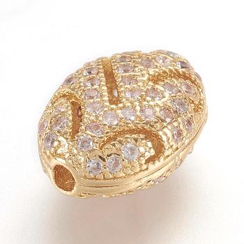Brass Micro Pave Cubic Zirconia Beads, Real 18K Gold Plated, Oval, Golden, 11.5x8.5x5.5mm, Hole: 1mm