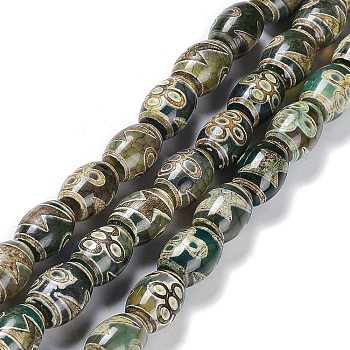 Tibetan Style dZi Beads Strands, Natural Agate Beads, Dyed & Heated, Oval, Lighting & 5-Eye Pattern, 13~14x9.5~10mm, Hole: 1.2mm, about 25pcs/strand, 13.39''(34cm)