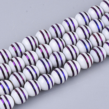Electroplate Glass Beads Strands, Round with Stripe, Purple, 8x7.5mm, Hole: 1.2mm, about 40pcs/strand, 11.8 inch
