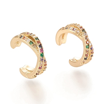 Brass Micro Pave Cubic Zirconia Cuff Earrings, Colorful, Real 18K Gold Plated, 10x5mm