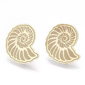 Brass Stud Earring Findings, with Loop, Snail, Nickel Free, Real 18K Gold Plated, 15x13mm, Hole: 1.8mm, Pin: 0.7mm