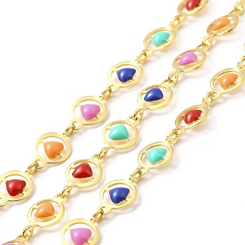 Ion Plating(IP) Handmade 316 Surgical Stainless Steel Enamel Heart Link Chains, Soldered, Real 18K Gold Plated, with Spool, Colorful, 6x10.5x2.5mm