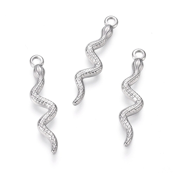 304 Stainless Steel Pendants, Snake, Stainless Steel Color, 28x6x1.5mm, Hole: 2mm