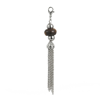 Tibetan Style Alloy Tassel Big Pendants, with Natural Tiger Eye Beads, Cadmium Free & Lead Free, Antique Silver, 101mm, Clasps: 12x7x3mm, Pendant: 87x4mm